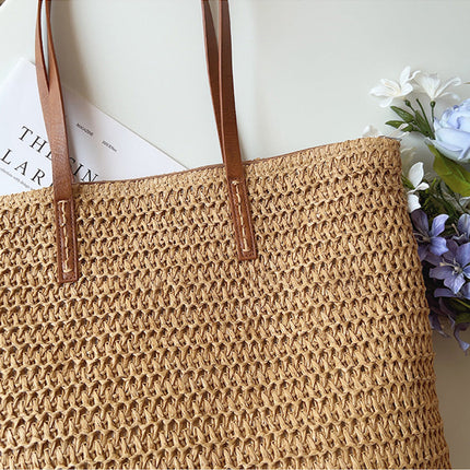 SummerBreeze Tote - Stijlvolle Rieten Tas met Leren Handvatten