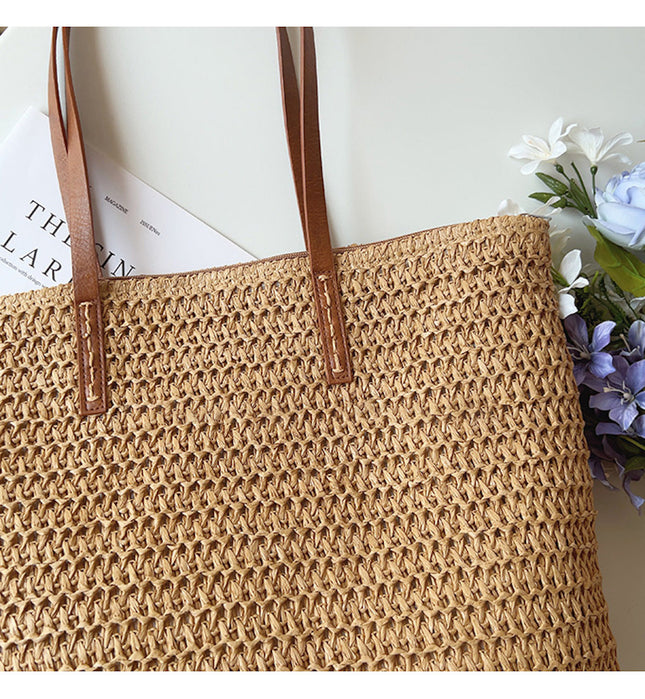 SummerBreeze Tote - Stijlvolle Rieten Tas met Leren Handvatten