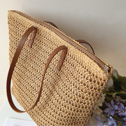 SummerBreeze Tote - Stijlvolle Rieten Tas met Leren Handvatten