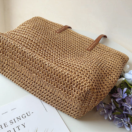 SummerBreeze Tote - Stijlvolle Rieten Tas met Leren Handvatten