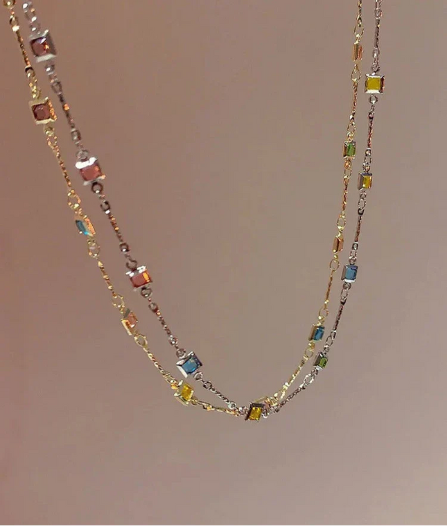 Elegante Gouden/Zilveren Ketting met Sprankelende Kleurrijke Edelstenen - Ivy