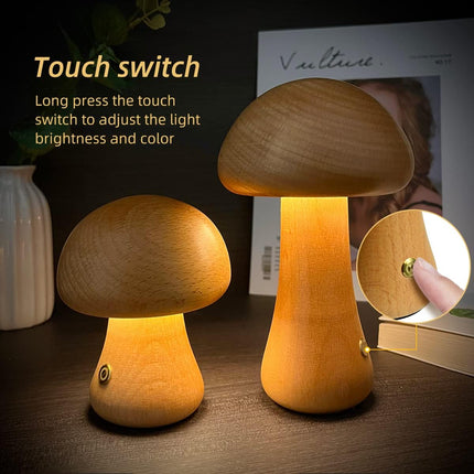 Mushroomlight - Draadloze Houten Paddenstoel LED Nachtlampje