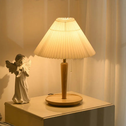 Elegante Vintage Houten Woodly Tafellamp -  Tafellamp met Geplooid Design