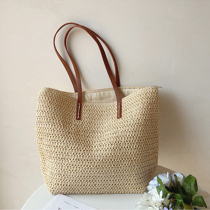 SummerBreeze Tote - Stijlvolle Rieten Tas met Leren Handvatten