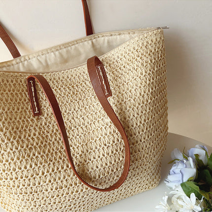 SummerBreeze Tote - Stijlvolle Rieten Tas met Leren Handvatten
