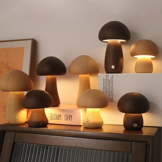 Mushroomlight - Draadloze Houten Paddenstoel LED Nachtlampje