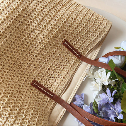 SummerBreeze Tote - Stijlvolle Rieten Tas met Leren Handvatten