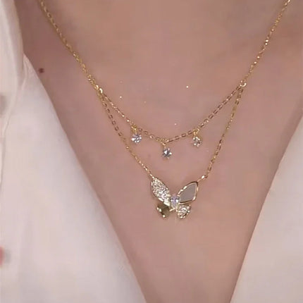 Zeer Elegante Dubbelgelaagde Vlinderketting met Zirkonia en Parelmoer - Elayna