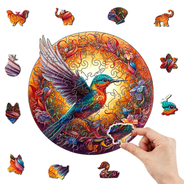 WoodenPuzzle – Houtkunst met Schwebende Kolibri