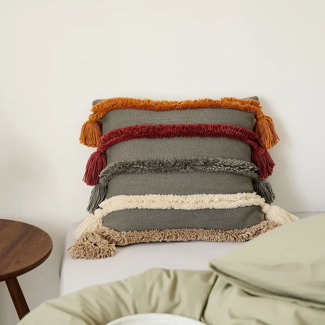 Bohemien Velour Kussenhoes - Geweven Kussenhoes met Kleurrijke Strepen en Franjes