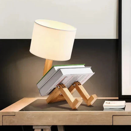 RutanFlex – Elegante Houten Tafellamp met Boekenvak