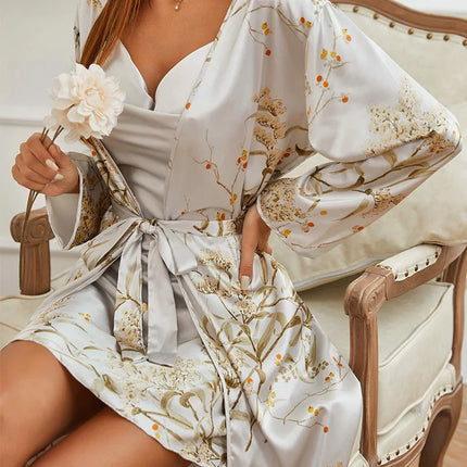 SatinDreams Kimono Set - Elegante Bloemen Nachtmode