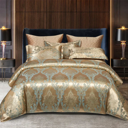 Luxueuze Satijn Rayon Jacquard Dekbedovertrek in Goud & Blauw