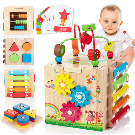 Stijlvolle 8-in-1 Montessori Activiteitenkubus - Educatief Speelplezier voor Baby's