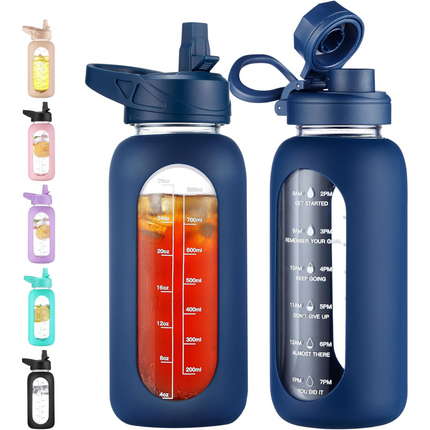 HydroGlow - Motiverende Glazen Waterfles 900ml met Rietje