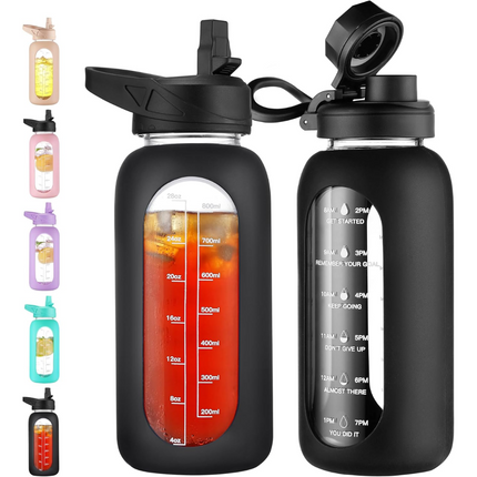 HydroGlow - Motiverende Glazen Waterfles 900ml met Rietje