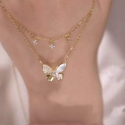 Zeer Elegante Dubbelgelaagde Vlinderketting met Zirkonia en Parelmoer - Elayna
