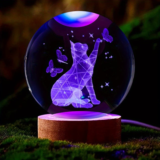 CrystalGlow – 3D Kristallen Bol Nachtlamp met Houten Basis